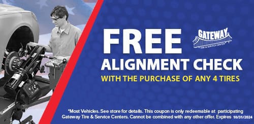 free alignment check with the purchase of any 4 tires, gateway tire & service center